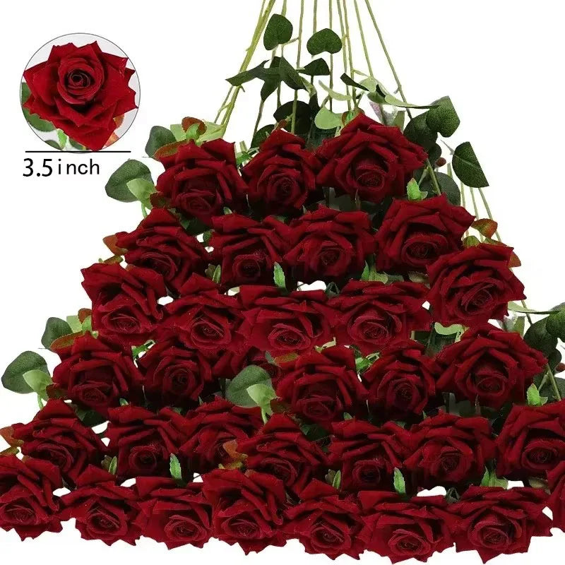 50 Pcs Velvet Rose Artificial Rose Flowers Real Touch Fake Roses Florals for Valentine's DIY Wedding Bouquet Party Home Decor