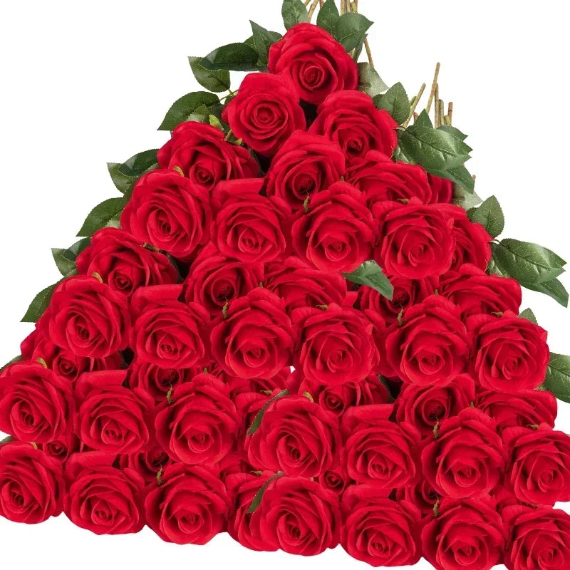 50 Pcs Velvet Rose Artificial Rose Flowers Real Touch Fake Roses Florals for Valentine's DIY Wedding Bouquet Party Home Decor