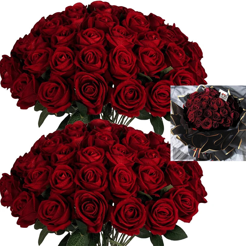 50 Pcs Velvet Rose Artificial Rose Flowers Real Touch Fake Roses Florals for Valentine's DIY Wedding Bouquet Party Home Decor