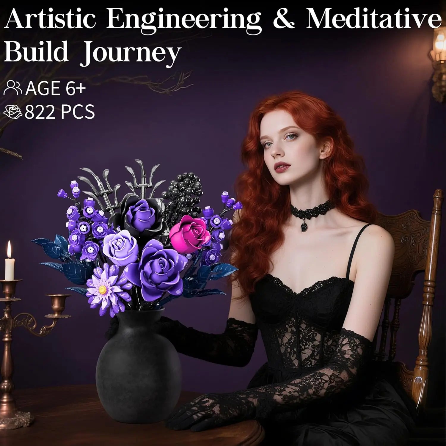 Dark Romance Gothic Purple Rose Bouquet Building Blocks Flower Model DIY Home Decoration Gift For Kids Adults