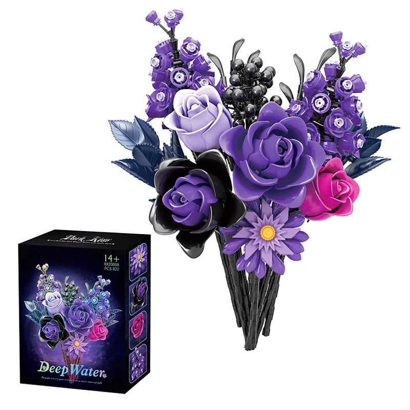 Dark Romance Gothic Purple Rose Bouquet Building Blocks Flower Model DIY Home Decoration Gift For Kids Adults