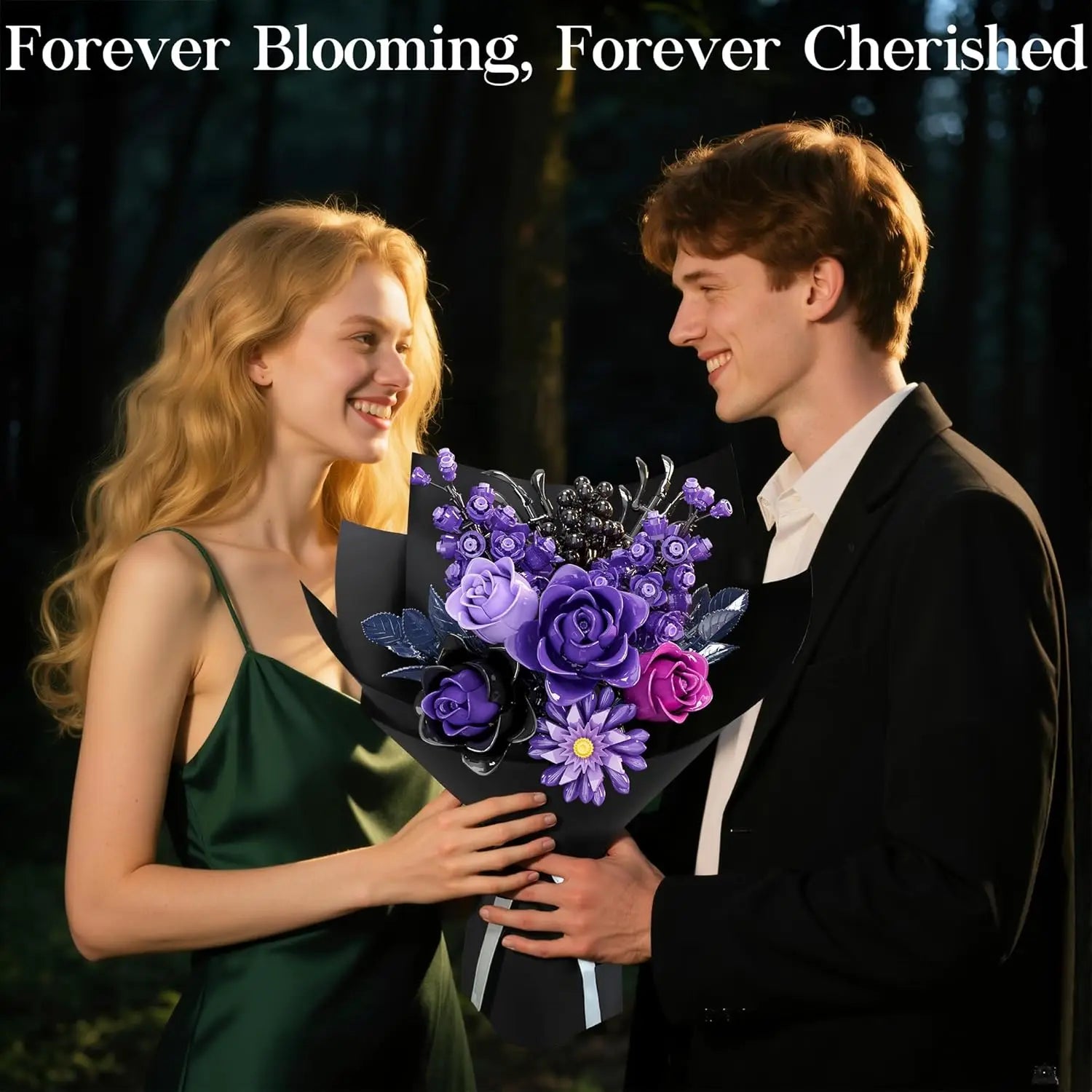 Dark Romance Gothic Purple Rose Bouquet Building Blocks Flower Model DIY Home Decoration Gift For Kids Adults