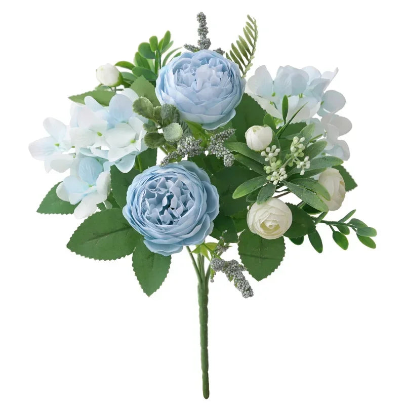 Blue Silk Bouquets Artificial Forest Hydrangea Peony Bud Wedding Bride Hand Bouquet Home Garden Desktop Flower Arrangement Decor