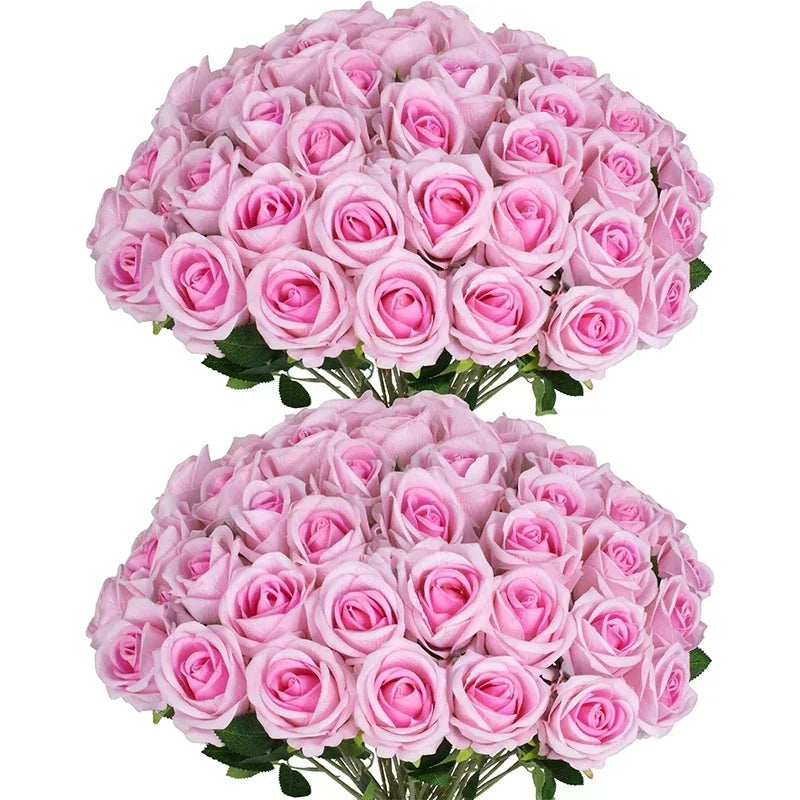 50 Pcs Velvet Rose Artificial Rose Flowers Real Touch Fake Roses Florals for Valentine's DIY Wedding Bouquet Party Home Decor