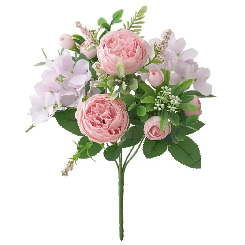 Blue Silk Bouquets Artificial Forest Hydrangea Peony Bud Wedding Bride Hand Bouquet Home Garden Desktop Flower Arrangement Decor