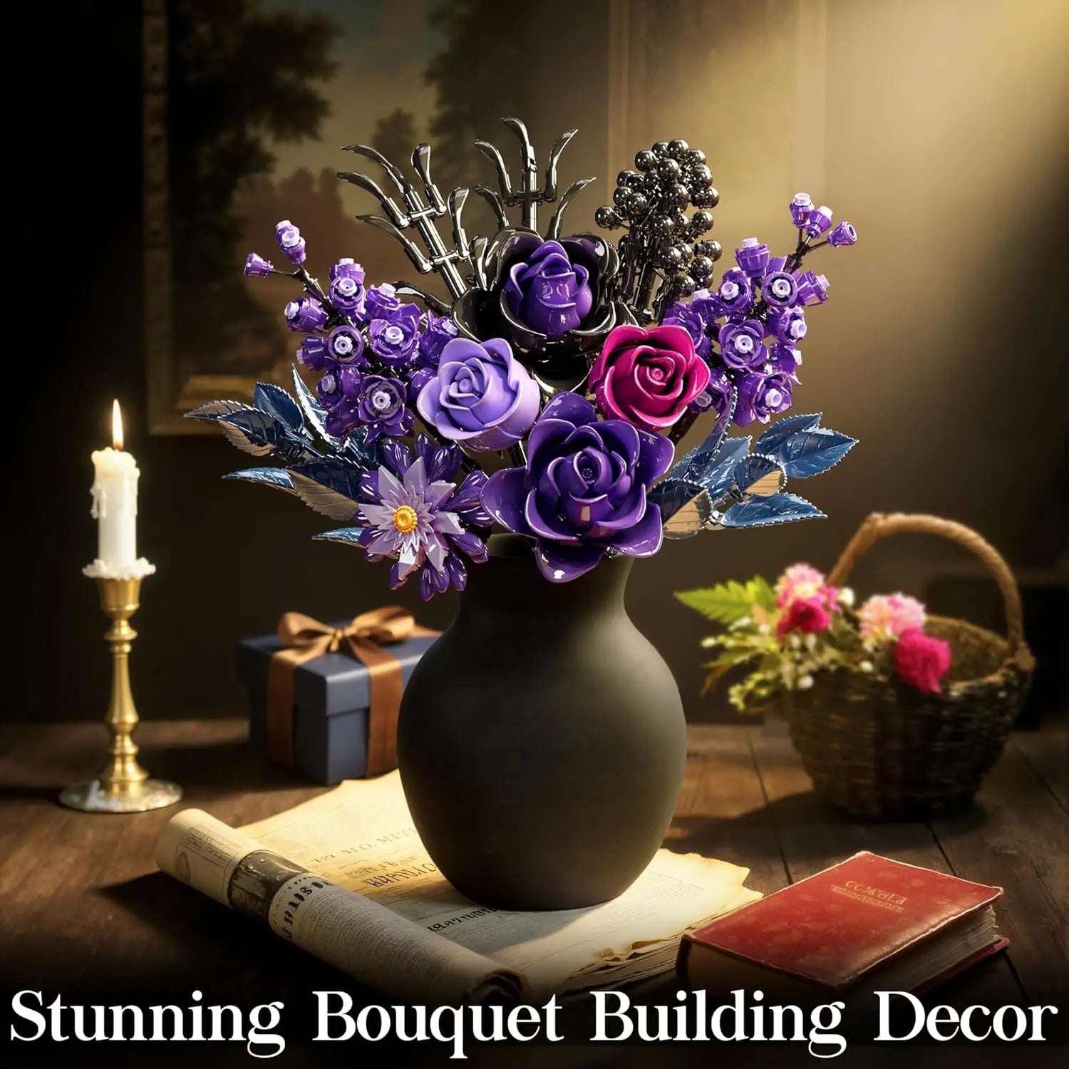 Dark Romance Gothic Purple Rose Bouquet Building Blocks Flower Model DIY Home Decoration Gift For Kids Adults
