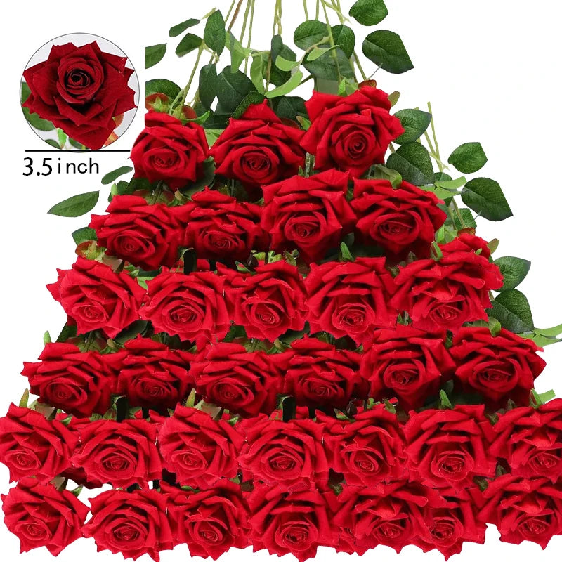 50 Pcs Velvet Rose Artificial Rose Flowers Real Touch Fake Roses Florals for Valentine's DIY Wedding Bouquet Party Home Decor